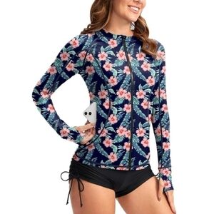 Rash Guard Zipper Pockets UPF50+ Sun Protection Long Sleeve Top Floral